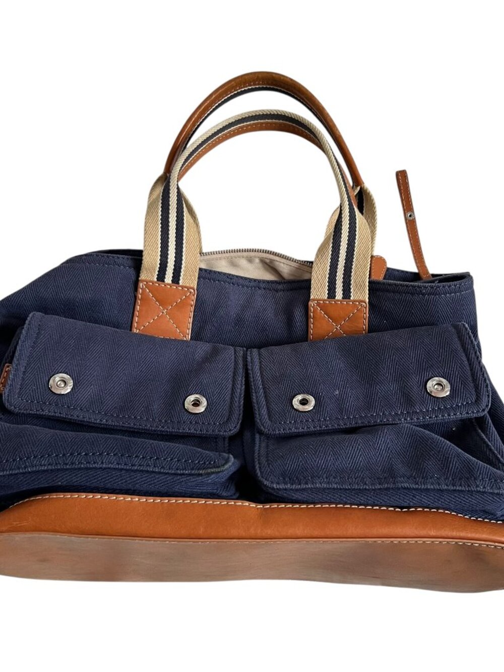 Pottery Barn Kids tote bag diaper navy blue canvas brown leather